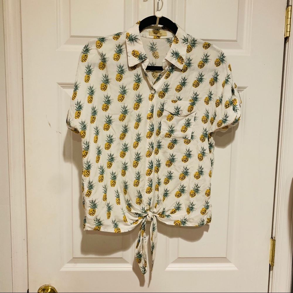 Pineapple button up, tie front crop top